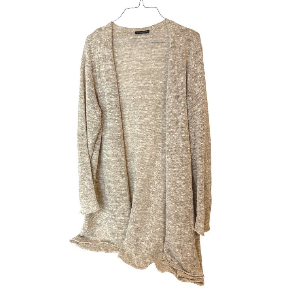 Eileen Fisher Size 1X Cardigan Sweater Oatmeal Tan Open Front Linen/Cotton Blend